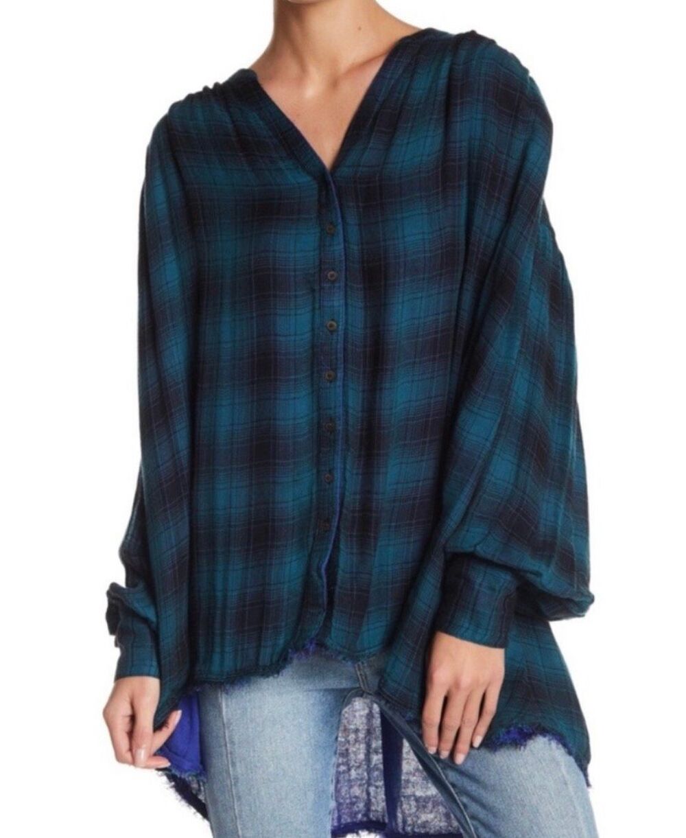 Free People Come On Over Oversized Plaid Shirt Teal Size Small